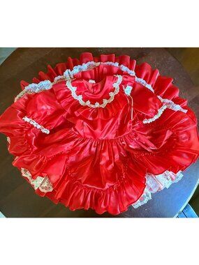 Vintage Red Lace Ruffled Party Dress Full Circle Homemade Girls Size 5/6